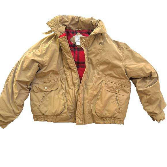 Hardy Amies Vintage London tan bomber jacket L red plaid lining zip/snap pockets - Picture 2 of 8